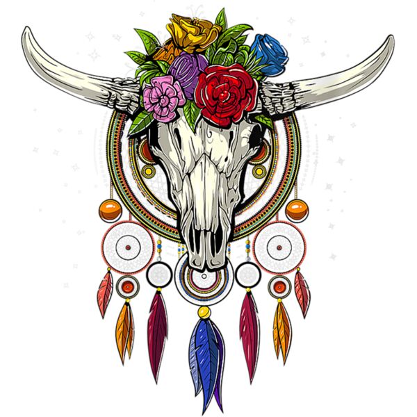 Womens Hippie Cow Skull Native American Floral Dreamcatcher Boho V Neck T Shirt Thumbnail