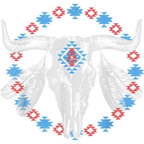 Vintage Cow Bull Skull BOHO Southwestern Aztec Feather T Shirt Thumbnail