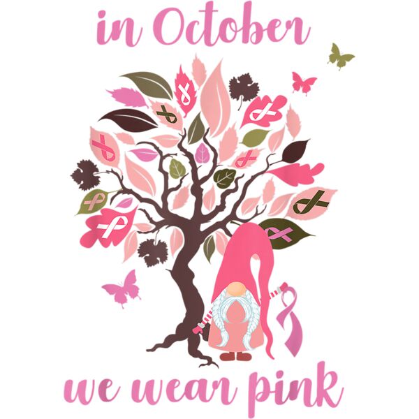 In October We Wear Pink Breast Cancer Awareness Gnome Tree T Shirt Thumbnail