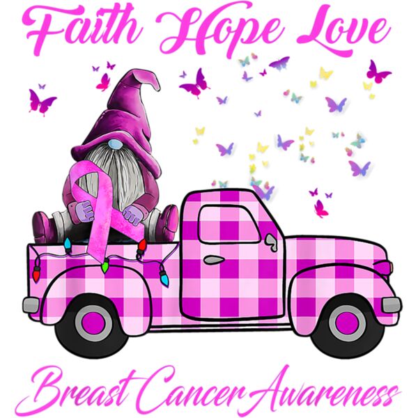 Faith Hope Love Gnome Truck Breast Cancer Awareness T Shirt Thumbnail