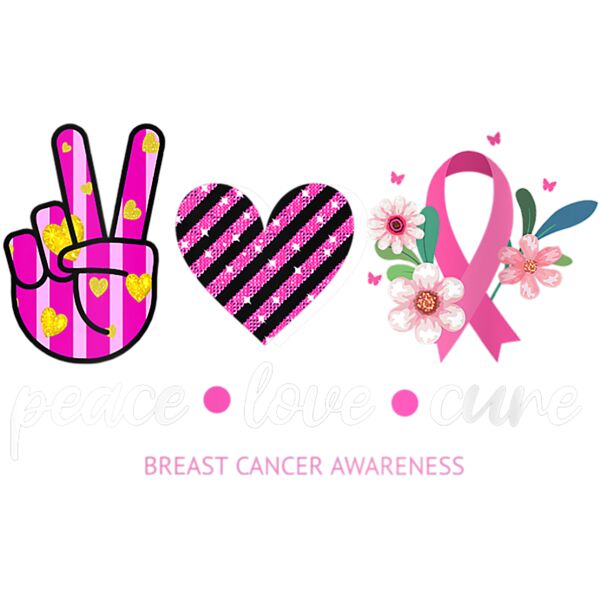 Womens Breast Cancer Awareness Peace Love Cure Pink Ribbon Floral V Neck T Shirt Thumbnail